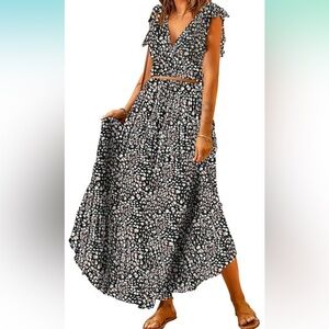 Black and White Smocked A-Line Midi Skirt